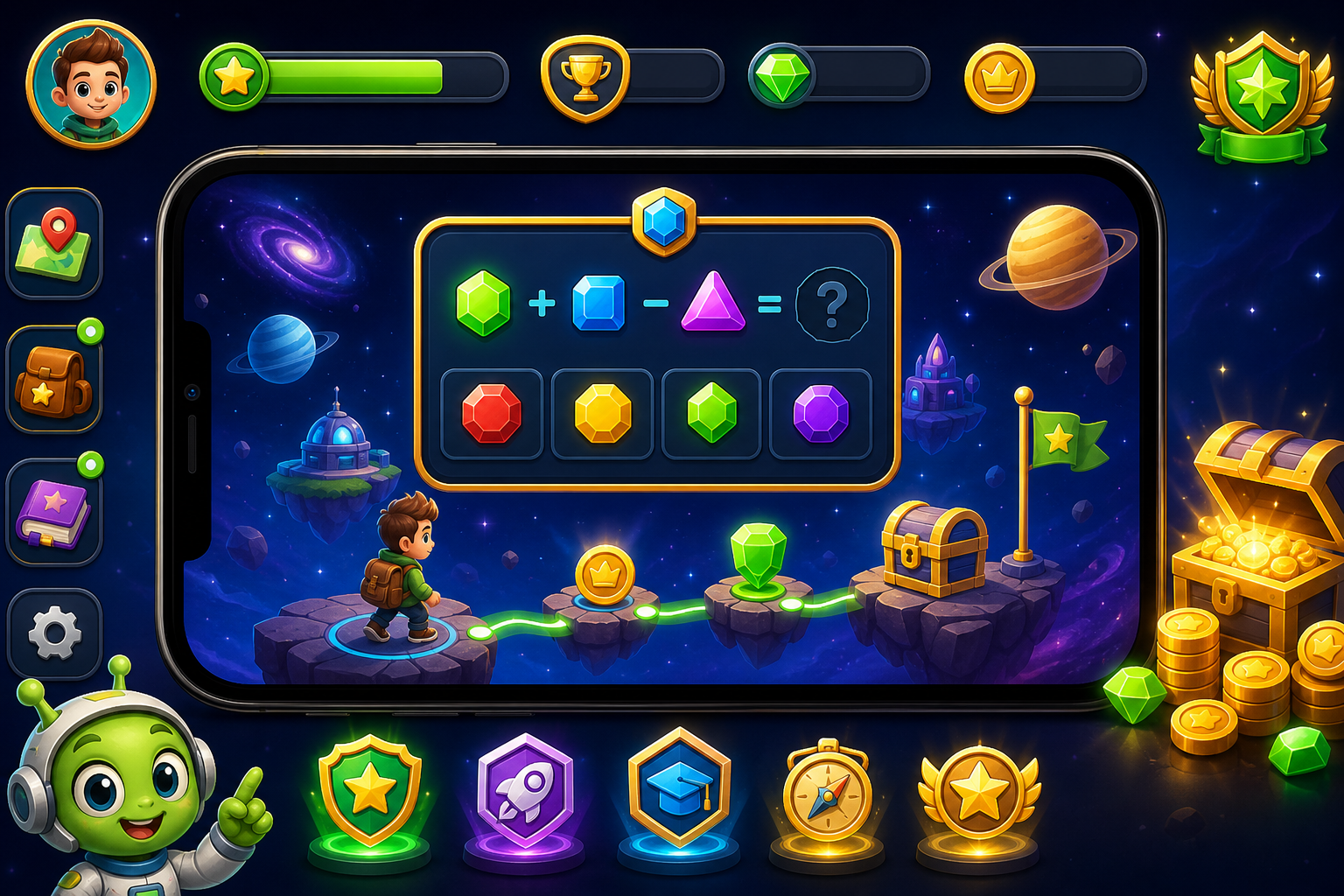 AI-generated educational game example with a quiz adventure and reward gems