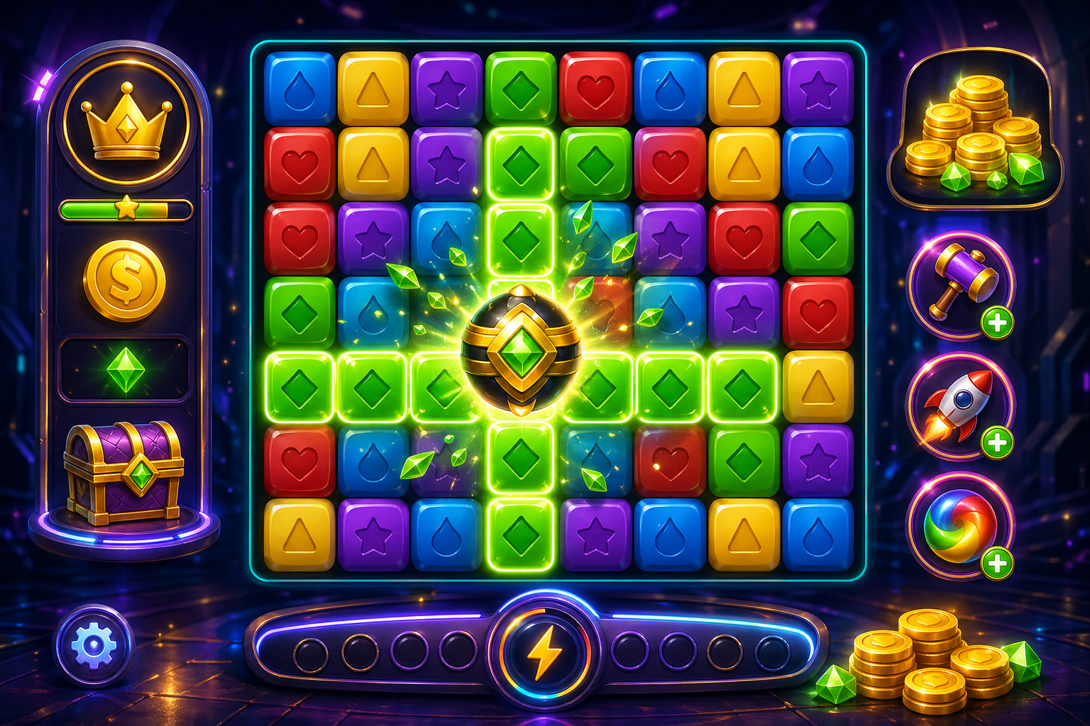 AI-generated puzzle game example with colorful blocks and reward coins