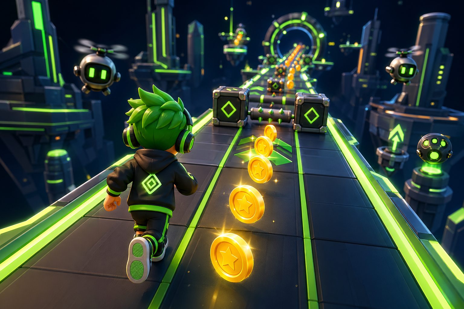 AI-generated runner game example with a neon track and collectible coins