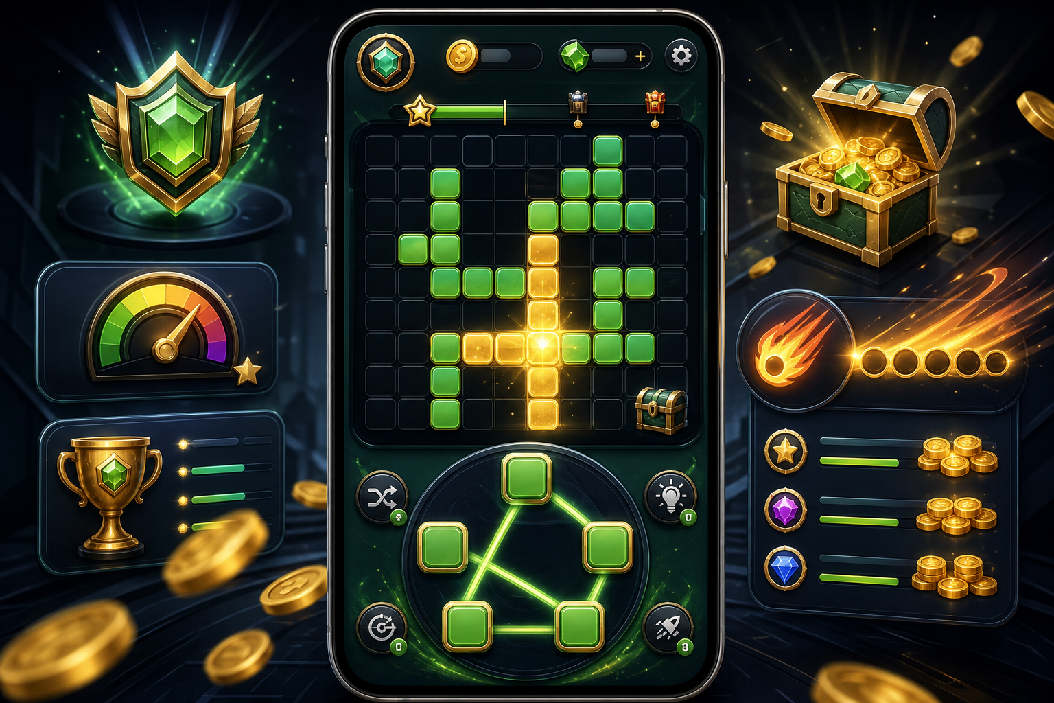 AI-generated word puzzle game example with tile board and rewards